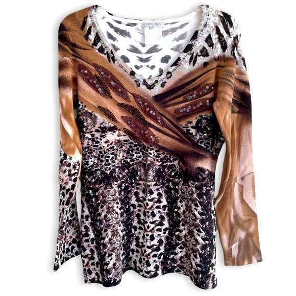 90s & Y2K ALBERTO MAKALI Leopard Print Glitter Rhinestone Embroidered Sweater - Picture 1 of 11